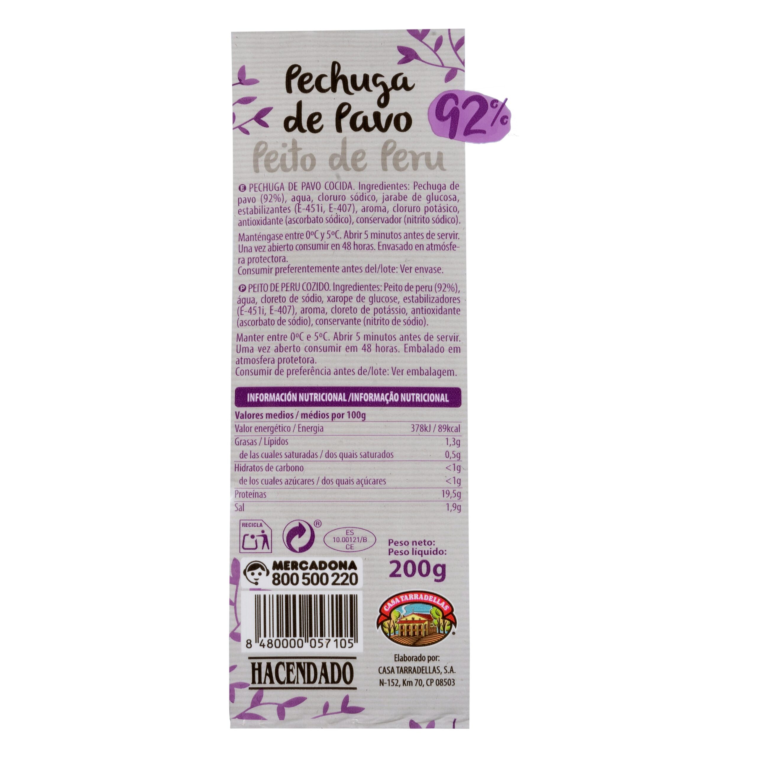Etiqueta Pechuga de pavo 92% Hacendado lonchas